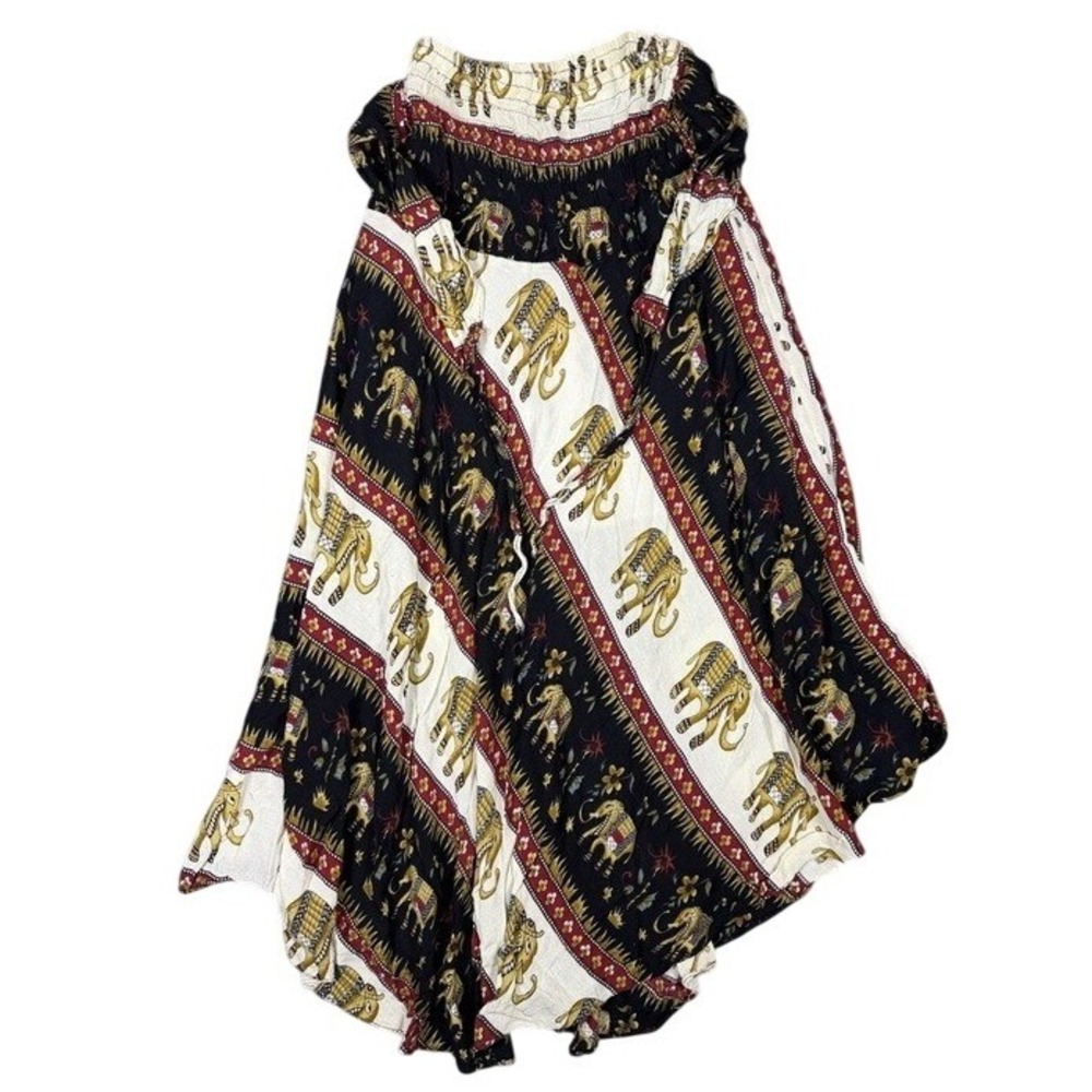 Unbranded Elephant Print Smocked Boho Maxi Skirt Dress Black White Red 017